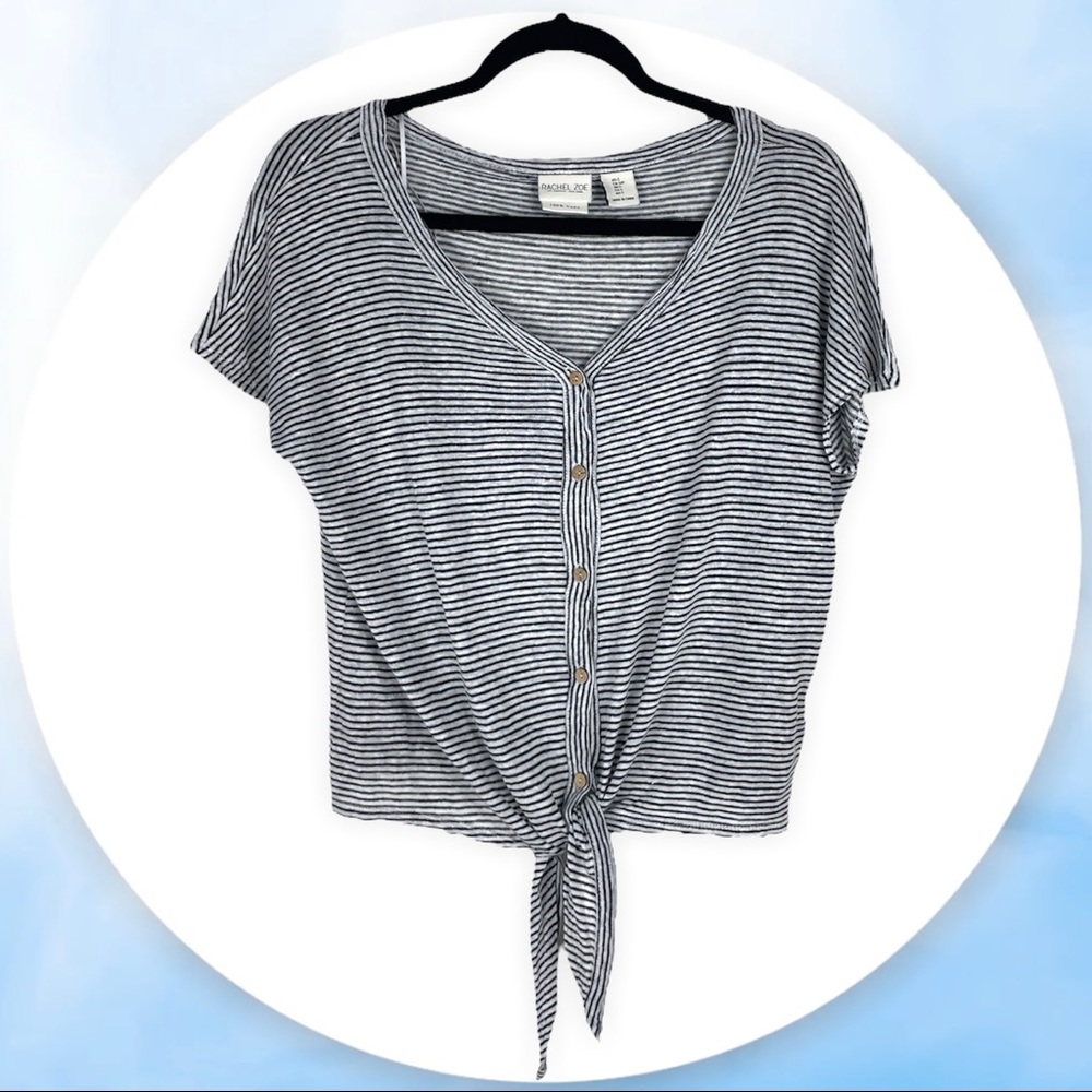 Rachel Zoe Linen Stripe Button Up Tie Front Short Sleeve Top Navy White Small